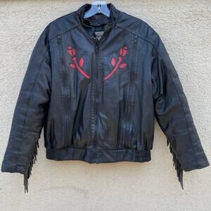 Vintage Hein Gericke Black Leather Moto Jacket Fringe Roses L